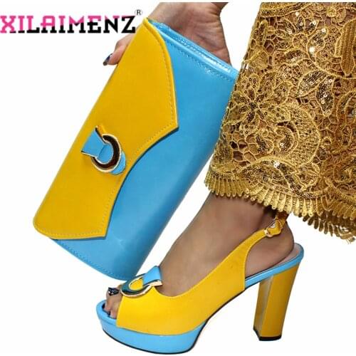 Platform Super High Heels African Shoes and Bag High Quality Sandals Matching Bag in Yellow with Blue Color For Royal Party