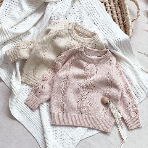 Infant Girls Sweater Round Collar Hollow Out Long Sleeve Sweater Fashion Knitted Cotton Pullover Children Clothes Cute Sweater