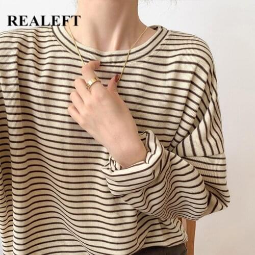 REALEFT Spring Autumn Classic Striped Oversize Womens T-Shirts 2021 New Long Sleeve O-Neck Casual Shirts Female Knitting Tops