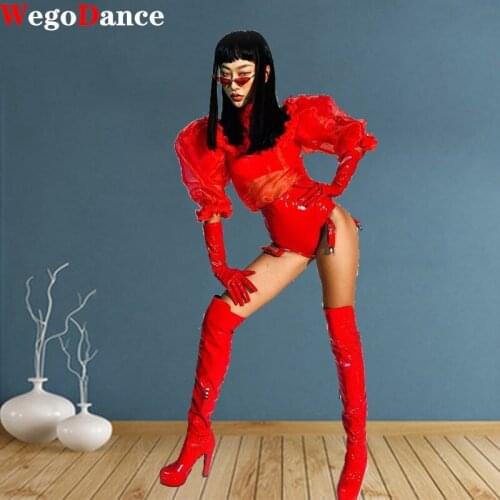 Women Singer Clothing Red Theme Tide Style Bubble Sleeve Leather Pants Dance Team Cosplay Suit