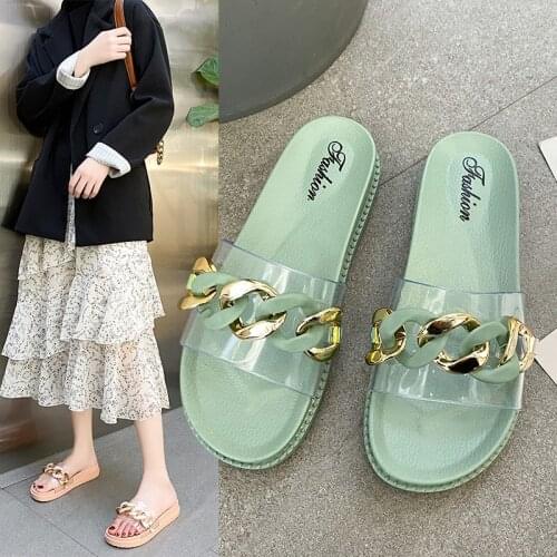 Women Slippers 2021 Summer Female Transparent Chain Decoration Flat Plus Size Beach Slides Candy Color Roman Style Outdoor Shoes