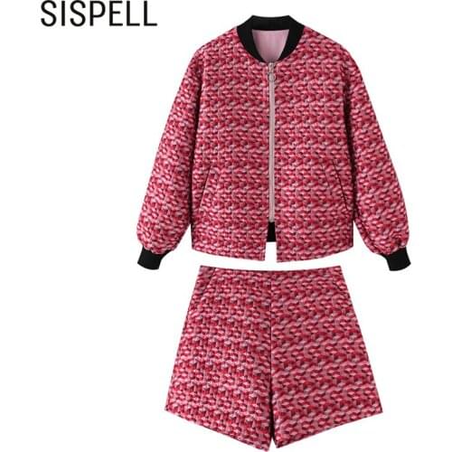 SISPELL Patchwork Check Pattern Two-piece Suit For Female O Neck Long Sleeve Coat High Waist Loose Wide Leg Shorts Women’s Set