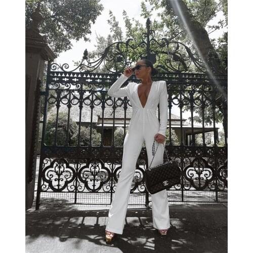 White Long Sleeve V Neck Backless Skinny Women Rompers Jumpsuit Bandage Night Party Jumpsuit