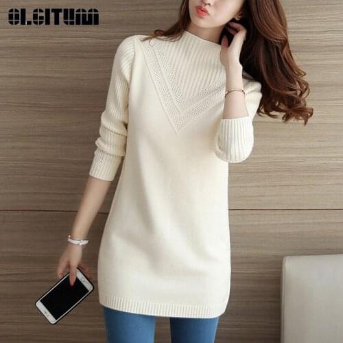2020 Autumn/Winter Half-high Collar Knit Slim Women Sweater Large Size Long Soft Solid Elegant Female Pullover Jumper