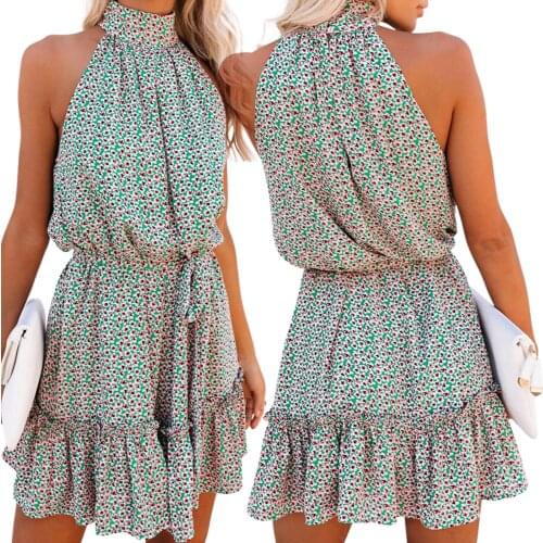Women Summer Dress Floral Print Halter Mock-Neck Sleeveless Slim-Waist Ruffled Skirt for Girls Green
