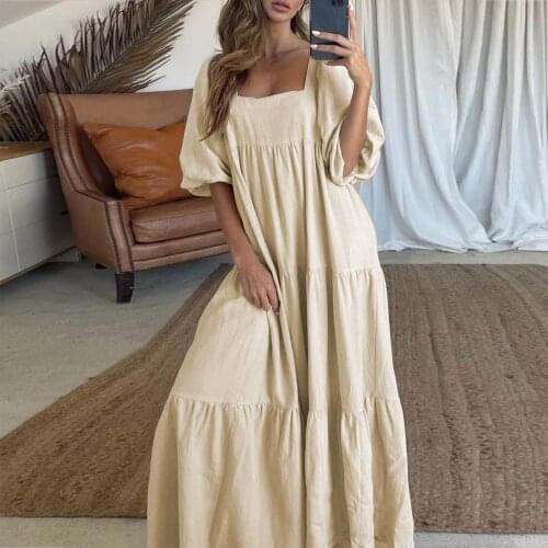 Solid Midi Shirt Dress Puff Sleeve Ruffle Vintage Holiday Sundress Boho Elegant Big Swing Women Casual Dress Robe Femme 40