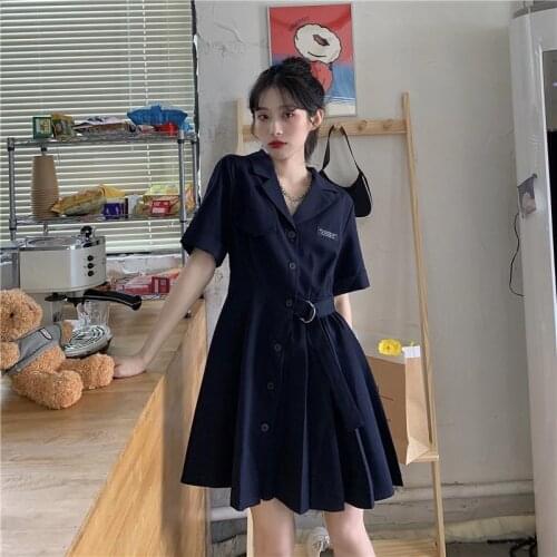 Short Sleeve Dress Women Black Turn-down Collar Single Breasted Summer Womens Beauty Elegant Leisure Sashes Trendy Ulzzang Y265