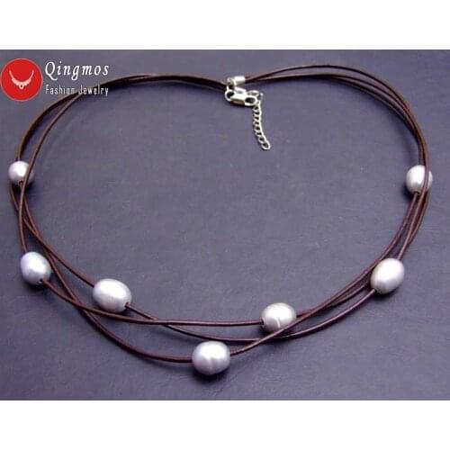 Qingmos Natural Gray Pearl Necklace for Women with 10-11mm Rice Pearl Pendant Necklace Leather 3 Strands 19-21" Chokers Necklace