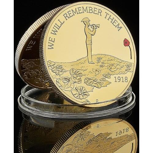 1918 We Will Remember Them Elizabeth II Colored Gold Plated Souvenir Token Coin