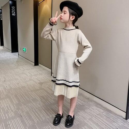 2021 Knit Sweaters Dresses Winter Autumn Girls Dress Teen Kids Midi Long Dress Party Elegant Children Clothes Beige Black Pink