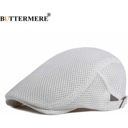 BUTTERMERE White Mech Summer Beret Hat Men Women Berets Breathable Ivy Newsboy Flat Cap Male Female Retro Artist Adjustable