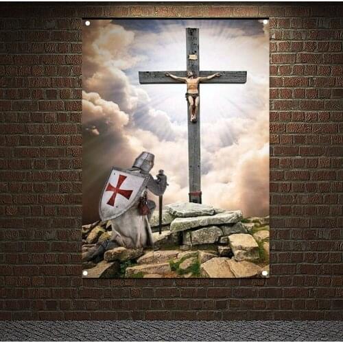 Ancient Military Art Banners Flags, Mounted Templar Charging Into Battle Poster Canvas Painting, Knights Templar Wall Hanging A9