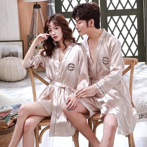 Summer Lovers Men Silky Rayon Robe Night Suit Wedding Luxurious Sleepwear Kimono Yukata Bath Gown Lounge Sleep Shirt Couples Set