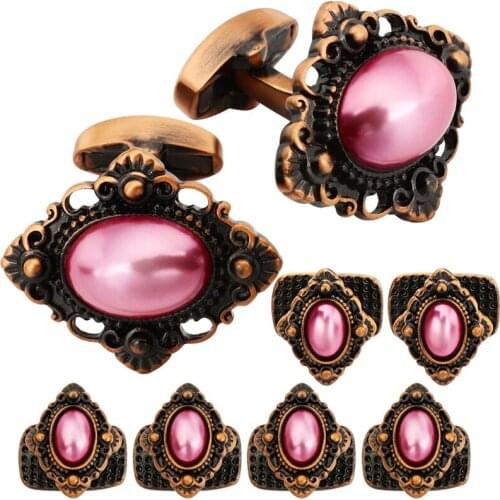 HAWSON Vintage Cufflinks and Studs for Men Ancient Red Copper Plated with Mother of Pearl Cuff Links Set Best Gifts for Wedding