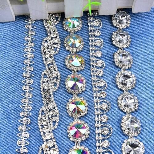 Crystal Round Satellite Rhinestone Trim Shiny AB Color Glass Silver Metal Chain Clothing Bag Shoe Wedding Decoration Accessories