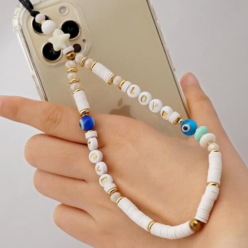 Hot Mobile Strap Phone Chain Polymer Clay Beaded LOVE Star Evil Eye Charm Heishi Telephone Jewelry Anti-Lost Lanyard