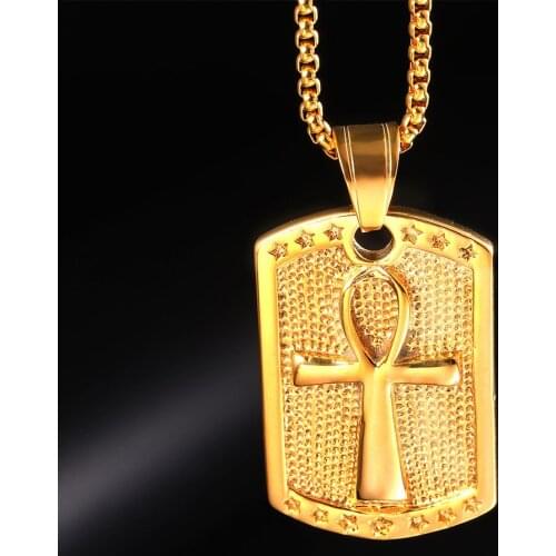 Retro Punk Jewelry 24Inch Ancient Egypt Anka Cross Necklaces Dog Tag Pendant Necklace Stainless Steel Chain for Men Him