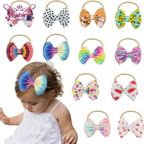 Nishine Double Layer Print Bowknot Baby Hairband Cute Cartoon Pattern Bows Elastic Headband Infant Striped Headwear Photo Props