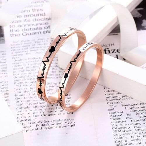 New Couple Love Bangles Cardiogram And Heart Rose Gold Bracelet & Bangle High Quality Stainless Steel Jewelry Lover Holiday Gift
