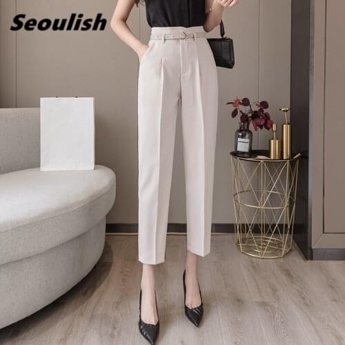 Seoulish New Formal Womens Harem Pants with Belted High Waist Soild Female Elegant Office Casual Trouses 2021 Spring Summer
