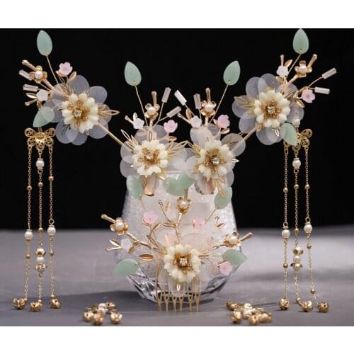 New Vintage Wedding Hair Accessories Chinese Style Crystal Tassel Hairpins Clips Bridal Women Hair Clips Earrings Pearl Handmade