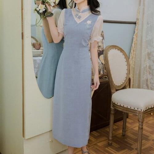 Chinese Cheongsam Robe Women Summer 2021 Short Sleeve French Retro Girl Blue Gentle Embroidery Elegant Chic Slim Qipao Vestido