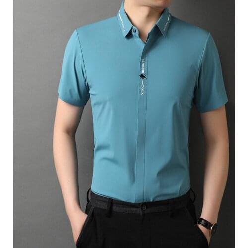 6191 Ice Silk Shirt Men Nylon Korean Style Loose Short Sleeve Youth Business Tops Covered Button Lapel Thin Solid Color Blouse