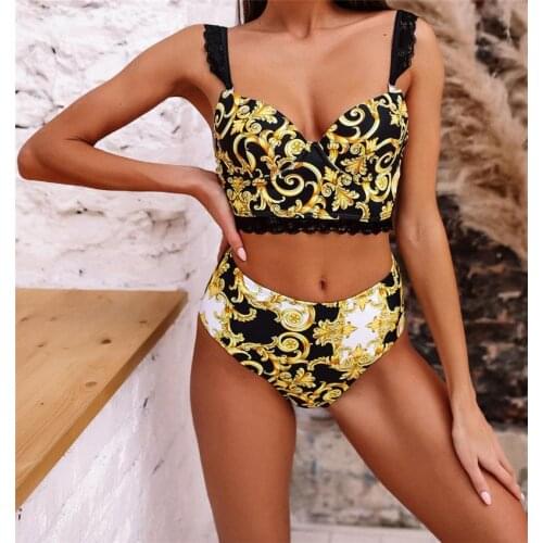 Sexy Vintage Print Womens Bikini Set Lace Strappy Padded Bra High Waist Bottoms Swimsuit Fashion Female Beachwear Swimwear