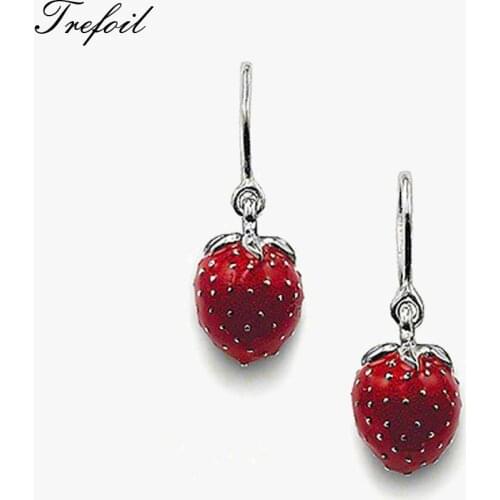 Red Strawberry Drop Earrings, Fashion Jewelry Cute 925 Sterling Silver Gift For Women 2018 New