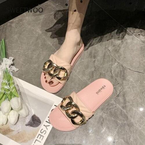 Luxury Brand Women Metal Chain Open Toe Slippers Candy Colors Flat Platform Casual Slide Ladies Summer Beach Flip Flops