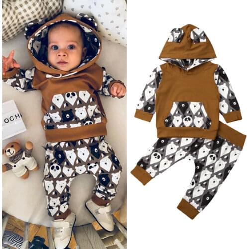 2PCS Newborn Baby Girl Boy 0-24M Tracksuit Clothes Hooded Top + Long Pants Outfits