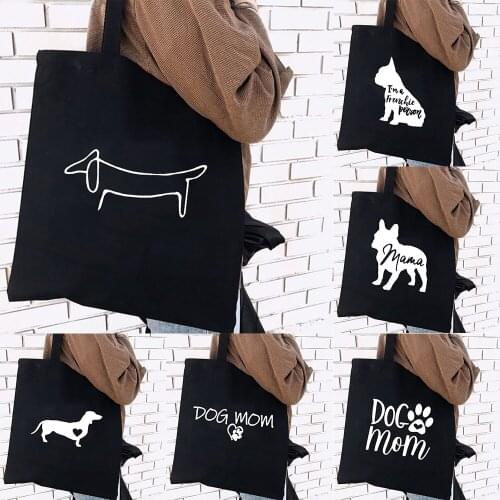 Cute Dog Harajuku Fashion Shopping Black Canvas Tote Female Buckle Shopper Bag Bulldog Mom Dachshund Cloth Handbag Shoulder Bag