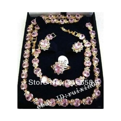 WOW! pink crystal necklace bracelet earring ring set