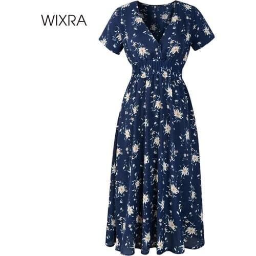 Wixra Womens Dresses Elegant Floral Print Empire Short Sleeve Knee-Length V-neck 2020 Summer