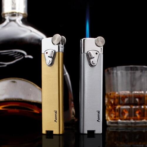 AOMAI Portable Ultra-thin Metal Blue Flame Direct Injection Windproof Grinding Wheel Lighter Cigarette Accessories Men Gift