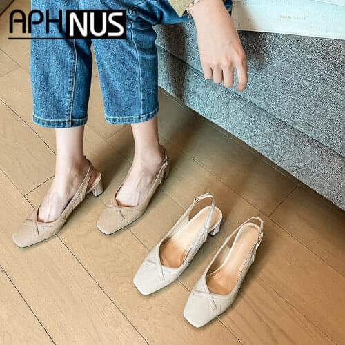 APHNUS Womens Sandals Cow Leather Buckle Mid High Heels Pumps Woman 2021 Shoes For Women New