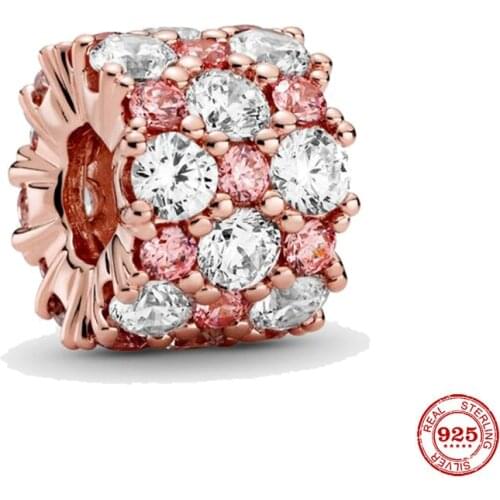 XNMY New Rose Gold Color Beads Pink & Clear Sparkling Charms Fit Original Pandora Bracelets Women DIY Jewelry Making