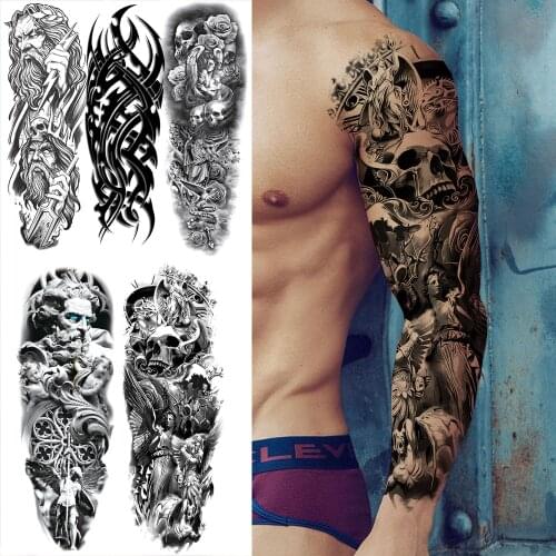 Black Halloween Skull Temporary Tattoos Sleeve For Men Women Realistic Fake Rose Devil Totem Tattoo Sticker Large Full Arm Tatoo