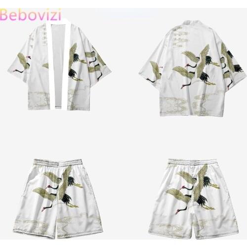 Two-piece Suit Japanese White Cardigan Women Men Cosplay Yukata Clothing Harajuku Samurai Crane Kimono + Shorts Pants Sets 6XL