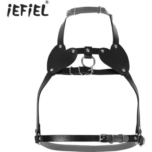 Punk Crop Top Faux Leather Adjustable Body Chest Bust Harness Belly Waist Belt with Buckles Roleplay Costume Open Cups Lingerie