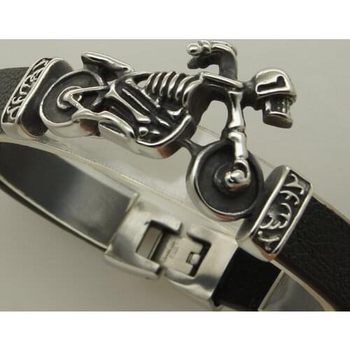 Men/boy cool racing motorcycle skull genuine leather 316L stainless steel bracelet