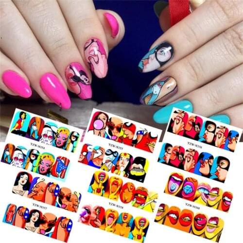 1PC nail art sticker sexy mouth kiss diamond cartoon people yellow red blue water transfer slider nail wraps FW015