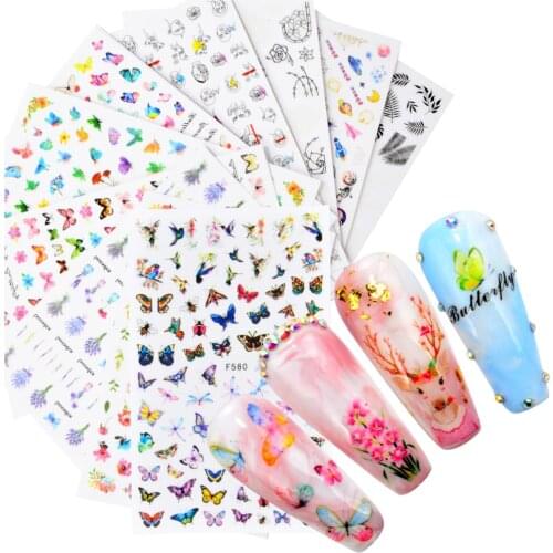 1 PC 3D Butterfly Slider on Nails Leaf Sticker Decals Flower Design Adhesive Manicure Tips Nail Art Decorations