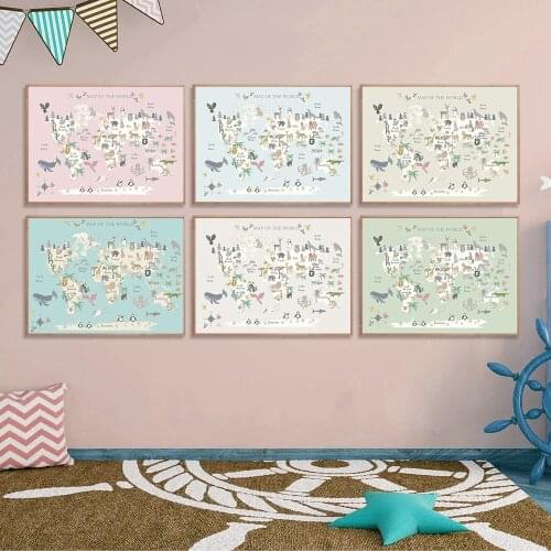 Animals Word Map Nursery Wall Poster Boys and Girl Bedroom Wall Art Pictures Decoration Baby Room Canvas Painting Bedroom Decor