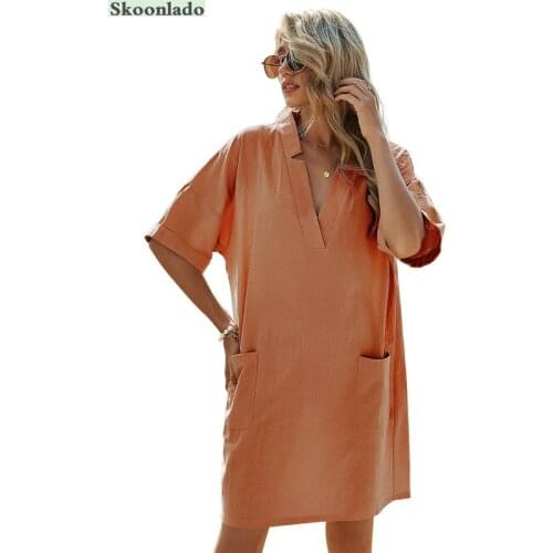 Newest women summer dresses elegant design cotton linen dress high quality lady clothes V neck solid colors classic fashion dres