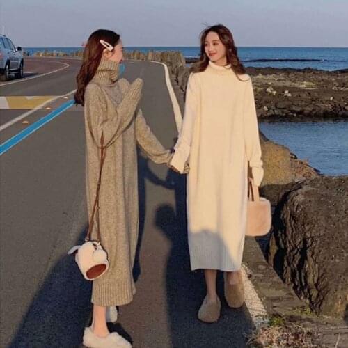 New Autumn Sweater Women Dress Winter Long Sleeve Sweaters Knitted Dresses Womens Loose Maxi Oversize Knitting Robe Vestido
