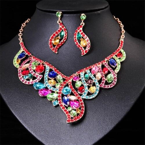 New Luxury Leaf Jewelry Sets Bridal Wedding Necklace Earrings Sets Crystal Sets Womens Party Costume Jewellery Gifts for Women