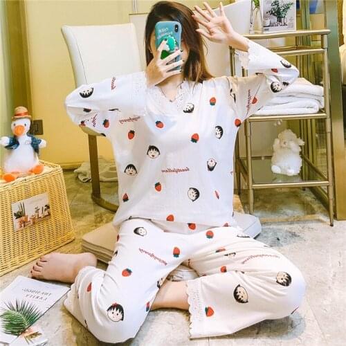2020 Autumn Long Sleeve Cute Lace V-neck Pajama Sets Women 100% Cotton Print Sleepwear Pyjama Homewear Pijama Mujer Home Clothes