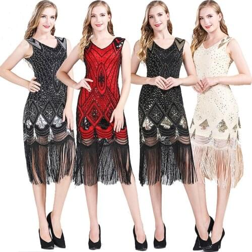 Latin Dance 1920s Vintage Flapper Great Gatsby Party Dress V-Neck Sleeveless Sequin Beaded Tassel Flapper Vestidos Feminina 1920