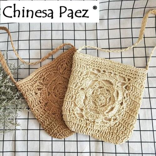 Casual Handmade paper rope square Lady Handbag Straw Knit Summer Beach Bag Woman Shoulder Messenger Bag brand new flower design